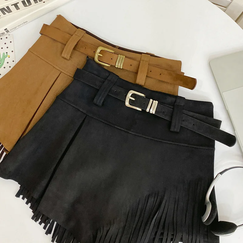 Autumn Winter Women's Faux Suede Shorts Skirts Retro High Waist Irregular Tassel Short Pants Side Zipper Anti-glare Boot Shorts