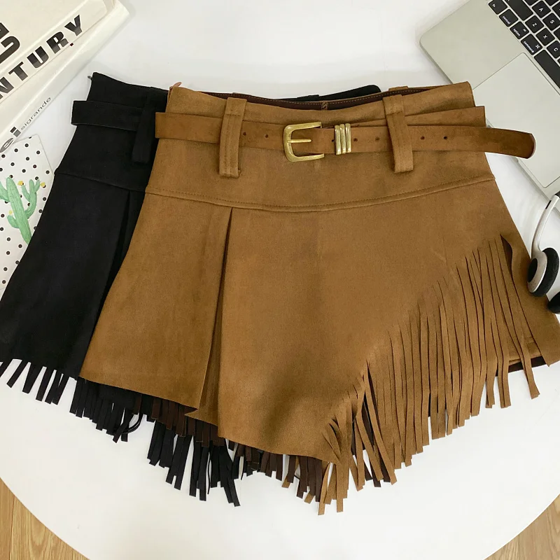 Autumn Winter Women's Faux Suede Shorts Skirts Retro High Waist Irregular Tassel Short Pants Side Zipper Anti-glare Boot Shorts