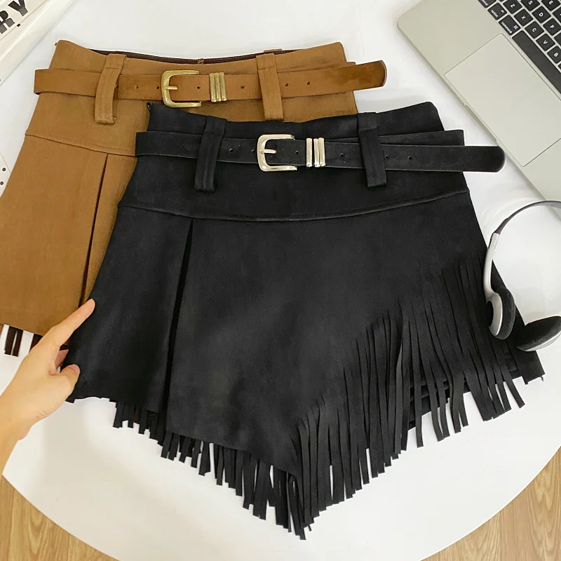Autumn Winter Women's Faux Suede Shorts Skirts Retro High Waist Irregular Tassel Short Pants Side Zipper Anti-glare Boot Shorts