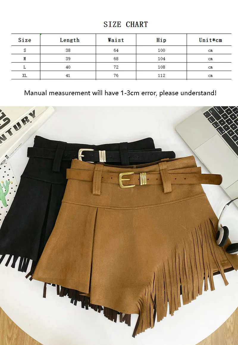 Autumn Winter Women's Faux Suede Shorts Skirts Retro High Waist Irregular Tassel Short Pants Side Zipper Anti-glare Boot Shorts