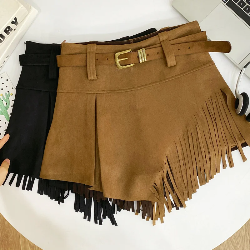 Autumn Winter Women's Faux Suede Shorts Skirts Retro High Waist Irregular Tassel Short Pants Side Zipper Anti-glare Boot Shorts
