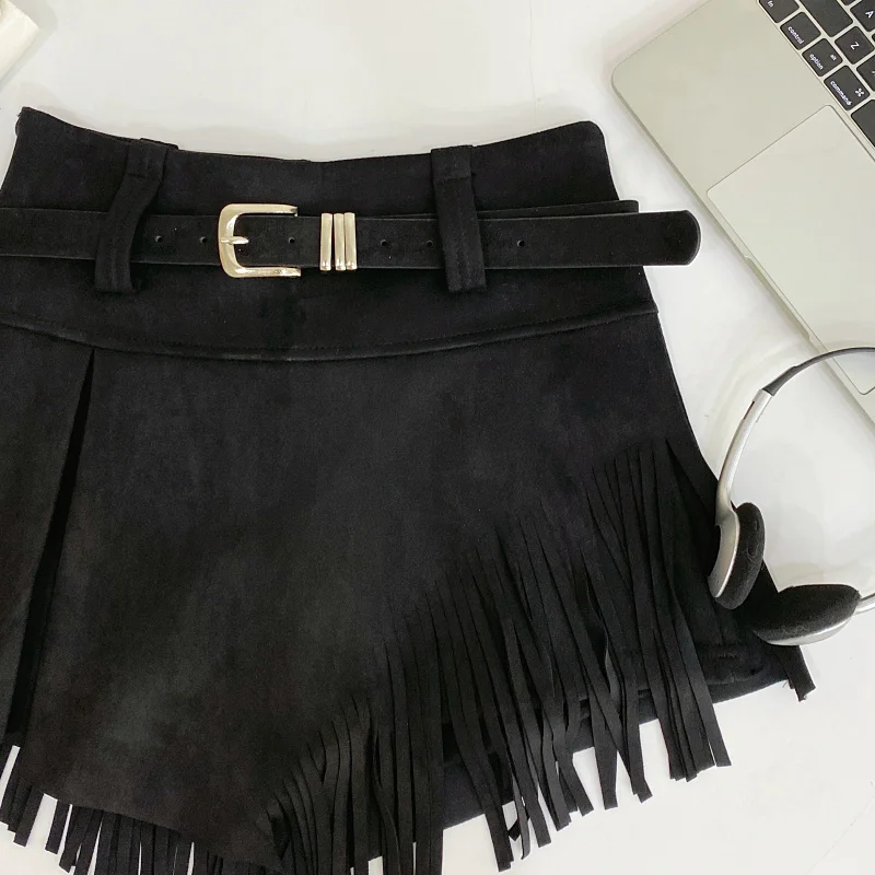 Autumn Winter Women's Faux Suede Shorts Skirts Retro High Waist Irregular Tassel Short Pants Side Zipper Anti-glare Boot Shorts