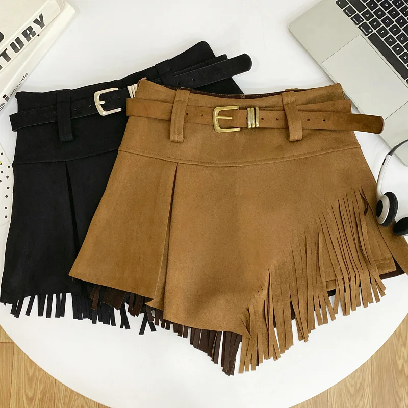 Autumn Winter Women's Faux Suede Shorts Skirts Retro High Waist Irregular Tassel Short Pants Side Zipper Anti-glare Boot Shorts