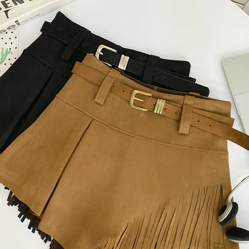 Autumn Winter Women's Faux Suede Shorts Skirts Retro High Waist Irregular Tassel Short Pants Side Zipper Anti-glare Boot Shorts