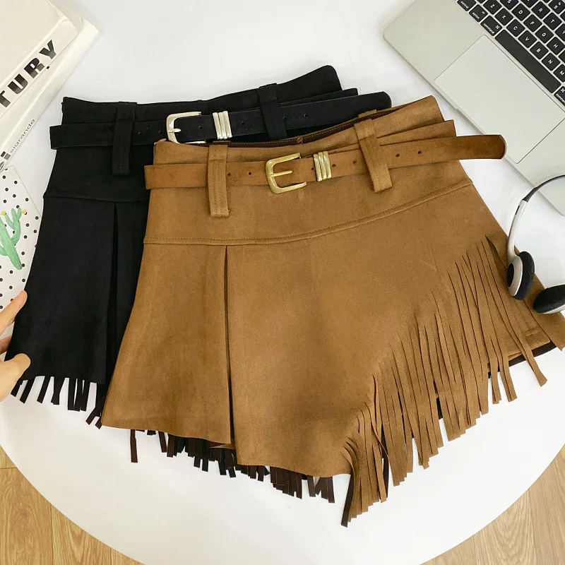 Autumn Winter Women's Faux Suede Shorts Skirts Retro High Waist Irregular Tassel Short Pants Side Zipper Anti-glare Boot Shorts