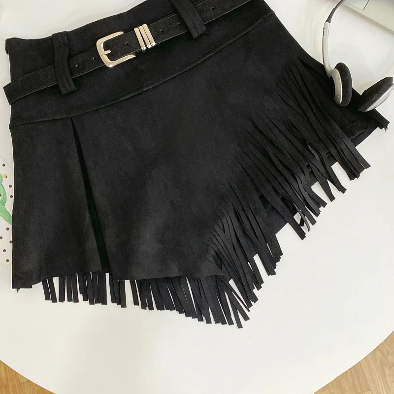 Autumn Winter Women's Faux Suede Shorts Skirts Retro High Waist Irregular Tassel Short Pants Side Zipper Anti-glare Boot Shorts