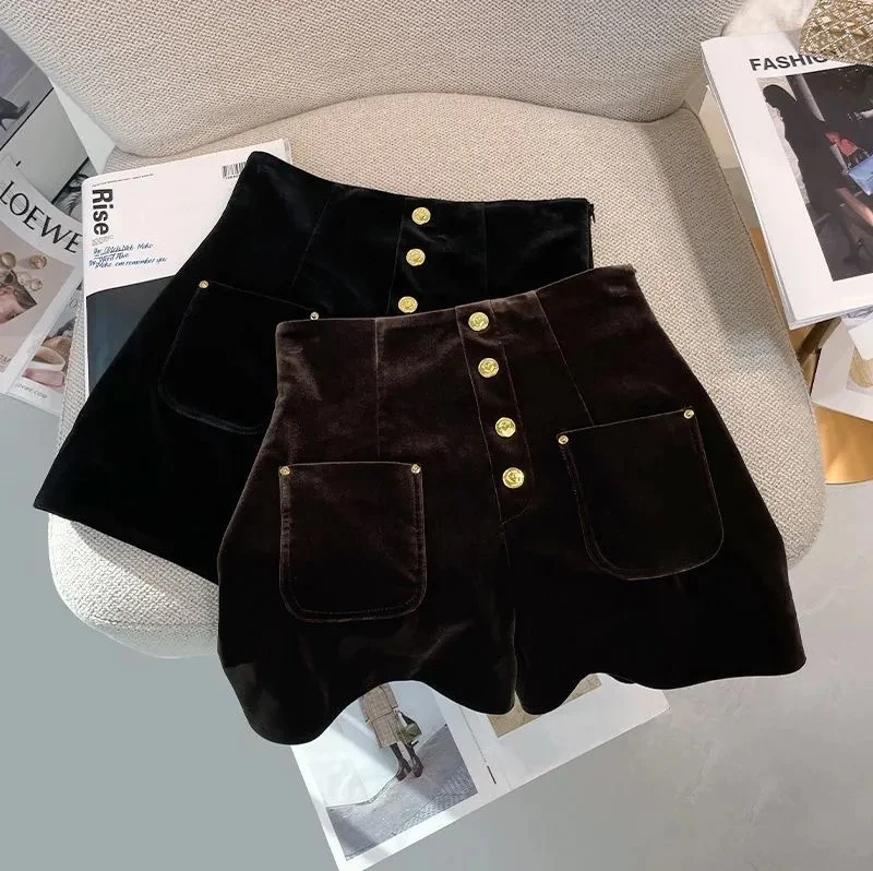 New Autumn Fashion Velvet Shorts High Waist Single Breasted Office Lady A-line Wide Leg Shorts Solid Color Women's Clothing