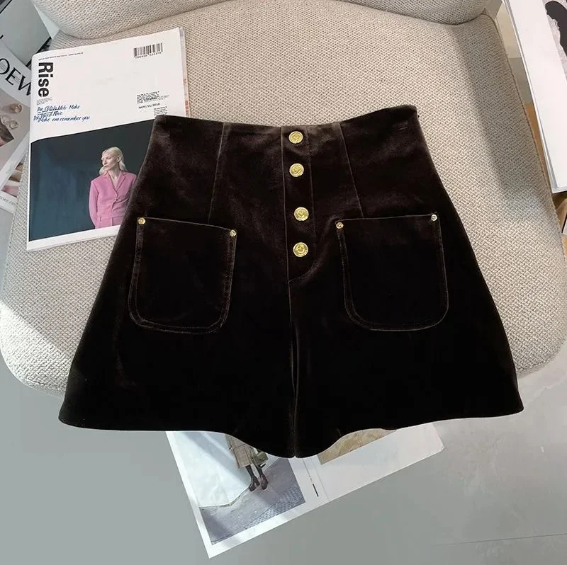 New Autumn Fashion Velvet Shorts High Waist Single Breasted Office Lady A-line Wide Leg Shorts Solid Color Women's Clothing