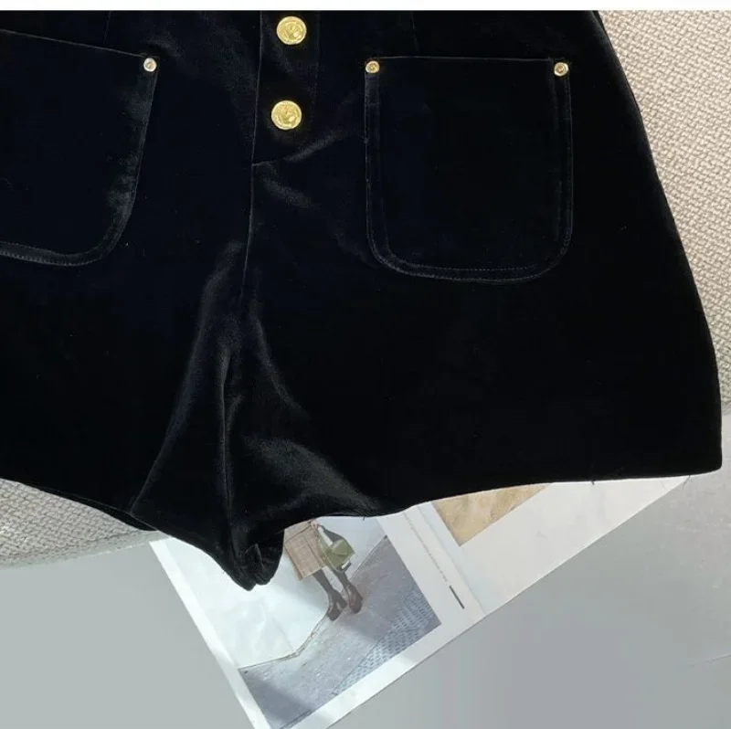 New Autumn Fashion Velvet Shorts High Waist Single Breasted Office Lady A-line Wide Leg Shorts Solid Color Women's Clothing