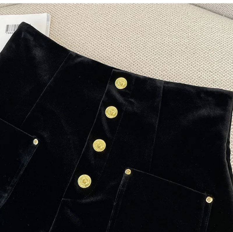 New Autumn Fashion Velvet Shorts High Waist Single Breasted Office Lady A-line Wide Leg Shorts Solid Color Women's Clothing