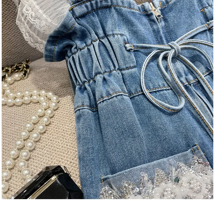 Fashion Denim Shorts Women Clothing Summer Overalls Heavy Beading Ruffles Pantalones Cortos De Mujer Korean Y2k Wide Leg Pants