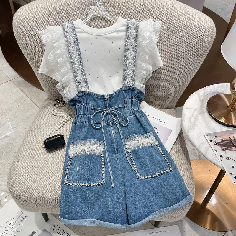Fashion Denim Shorts Women Clothing Summer Overalls Heavy Beading Ruffles Pantalones Cortos De Mujer Korean Y2k Wide Leg Pants