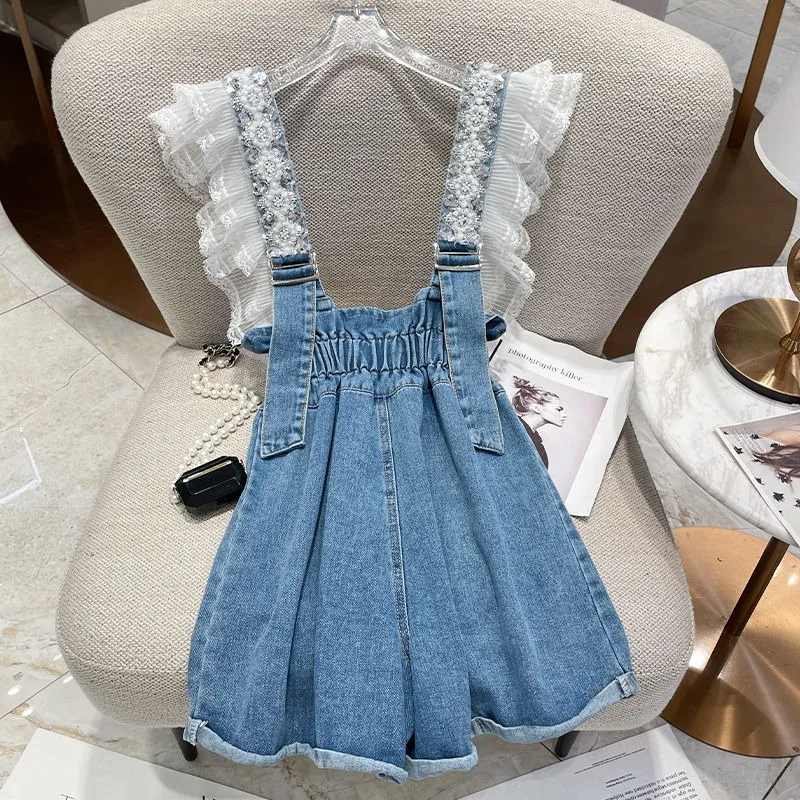 Fashion Denim Shorts Women Clothing Summer Overalls Heavy Beading Ruffles Pantalones Cortos De Mujer Korean Y2k Wide Leg Pants