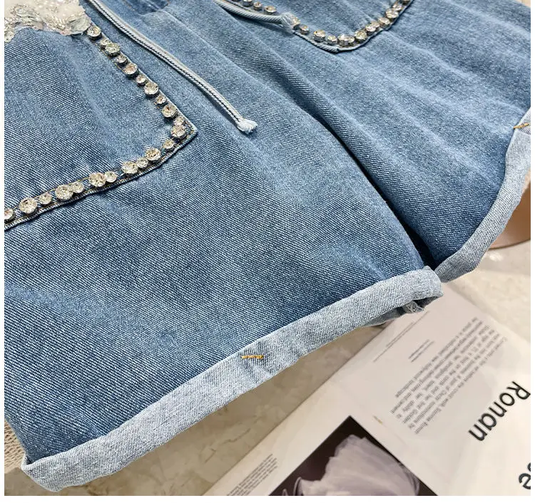 Fashion Denim Shorts Women Clothing Summer Overalls Heavy Beading Ruffles Pantalones Cortos De Mujer Korean Y2k Wide Leg Pants
