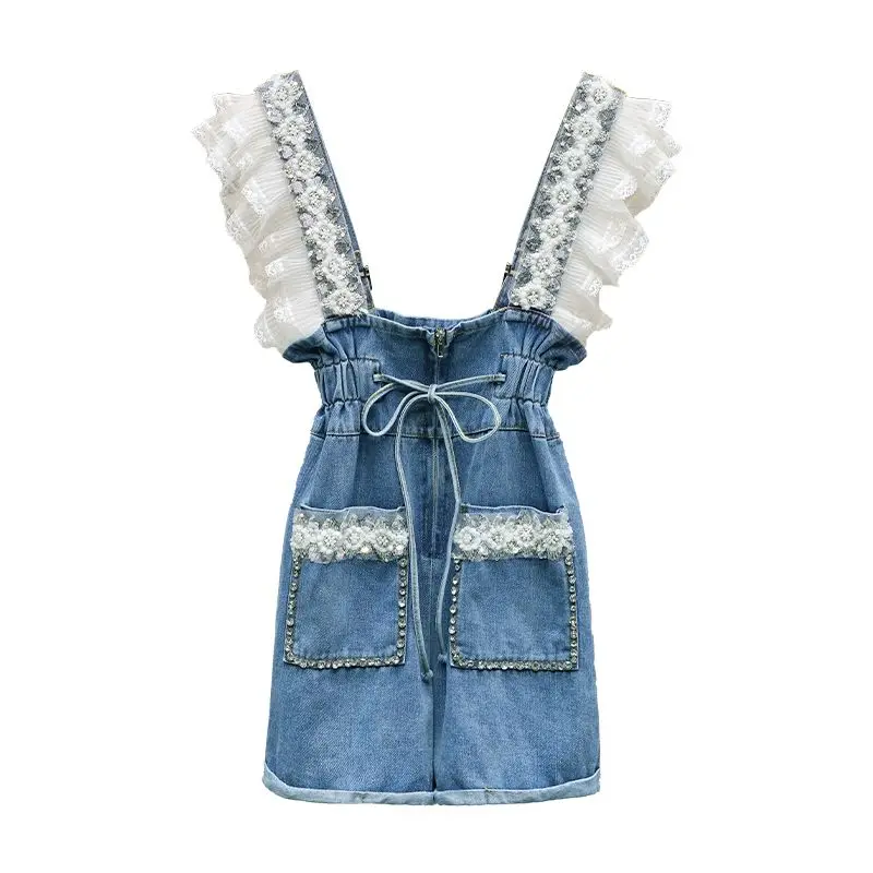 Fashion Denim Shorts Women Clothing Summer Overalls Heavy Beading Ruffles Pantalones Cortos De Mujer Korean Y2k Wide Leg Pants
