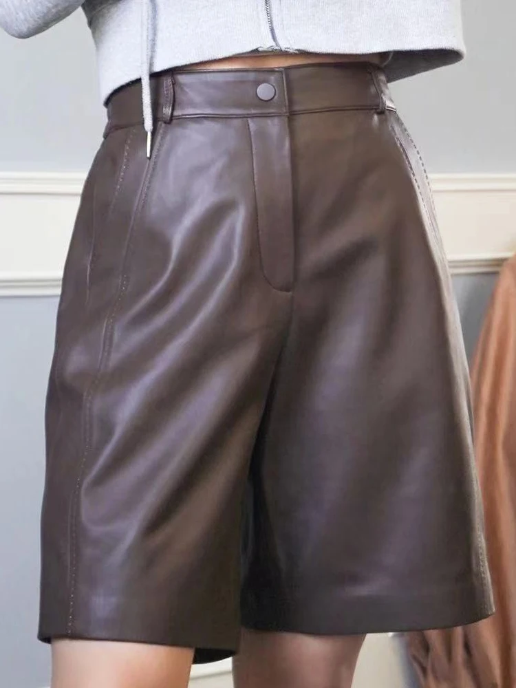 Leather Bermuda Shorts Women Spring Harajuku Casual Straight Wide Leg Trousers Mujer Side Sewing Pantalones Cortos Long Shorts