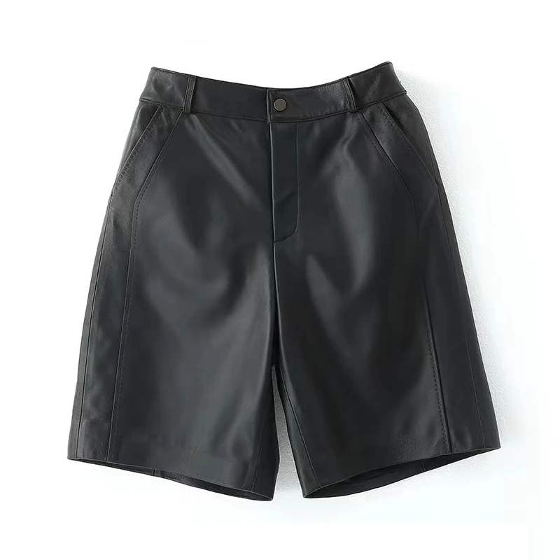 Leather Bermuda Shorts Women Spring Harajuku Casual Straight Wide Leg Trousers Mujer Side Sewing Pantalones Cortos Long Shorts