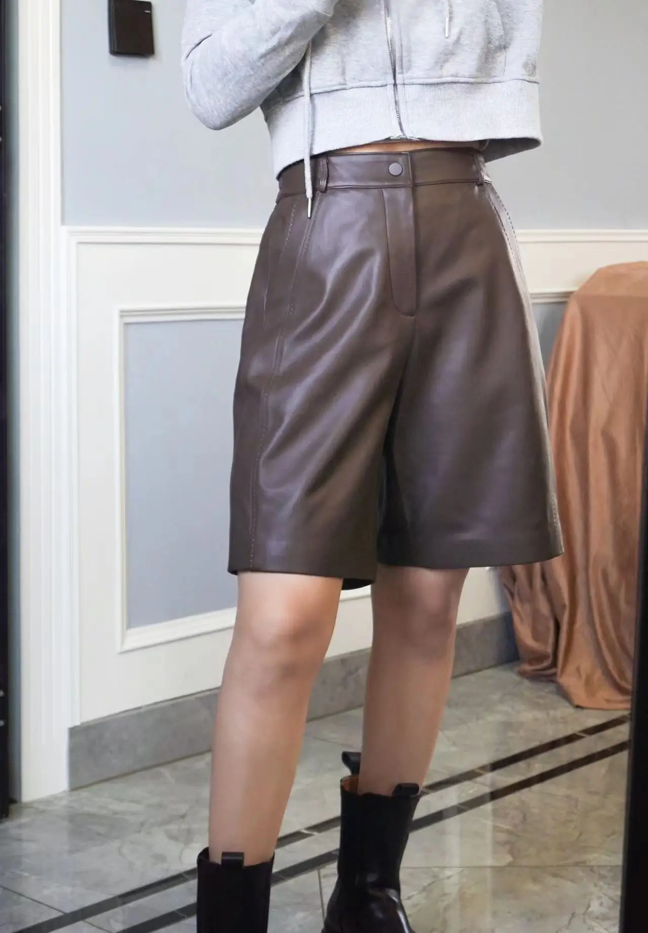 Leather Bermuda Shorts Women Spring Harajuku Casual Straight Wide Leg Trousers Mujer Side Sewing Pantalones Cortos Long Shorts