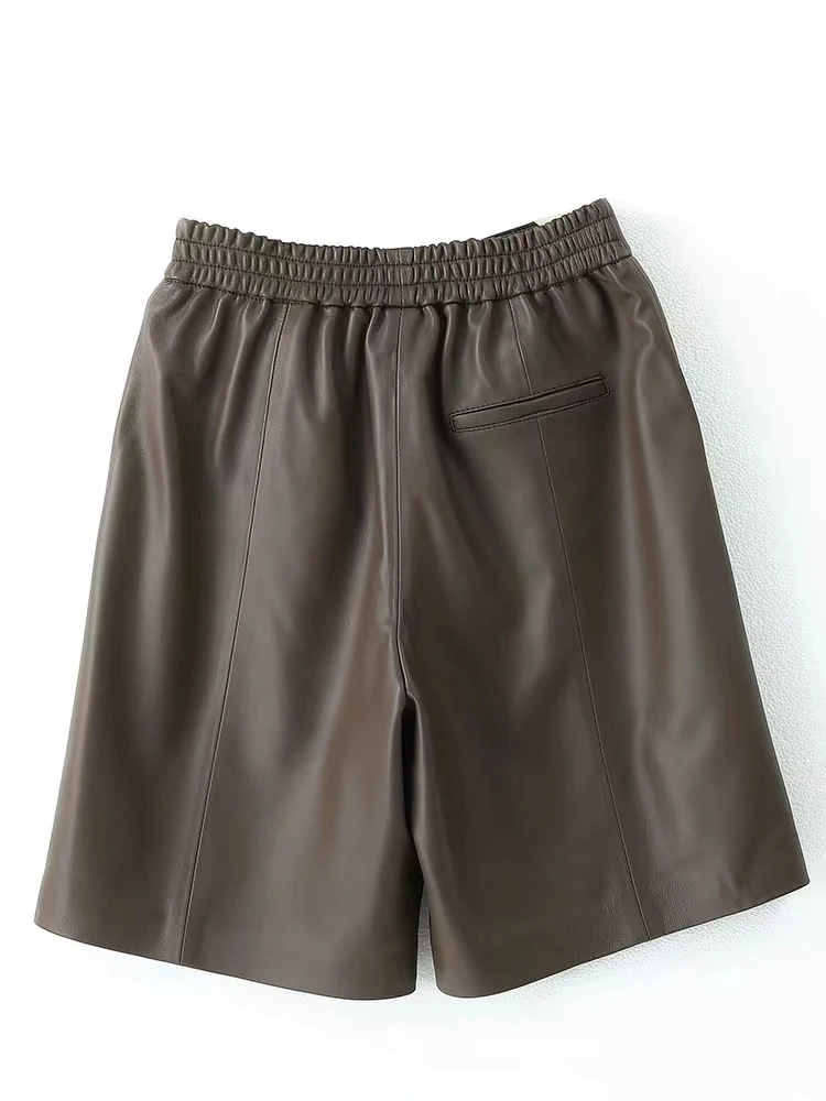 Leather Bermuda Shorts Women Spring Harajuku Casual Straight Wide Leg Trousers Mujer Side Sewing Pantalones Cortos Long Shorts