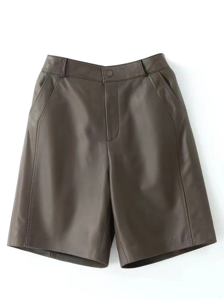 Leather Bermuda Shorts Women Spring Harajuku Casual Straight Wide Leg Trousers Mujer Side Sewing Pantalones Cortos Long Shorts