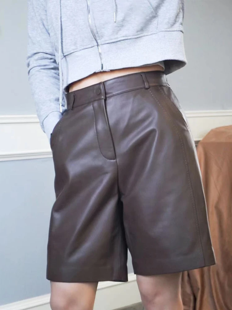 Leather Bermuda Shorts Women Spring Harajuku Casual Straight Wide Leg Trousers Mujer Side Sewing Pantalones Cortos Long Shorts