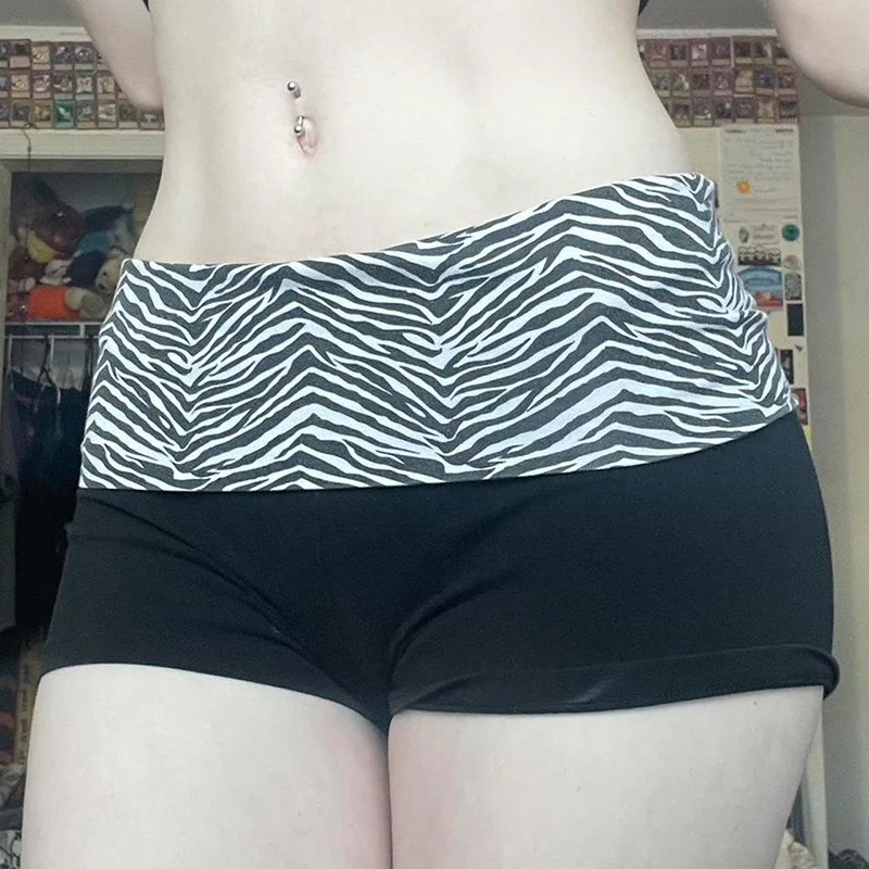 Fashionable Color Blocked Zebra Print Waist Cinched Sports Shorts, Spicy Girl Elastic Slim Fit Basic Casual Hot Pants