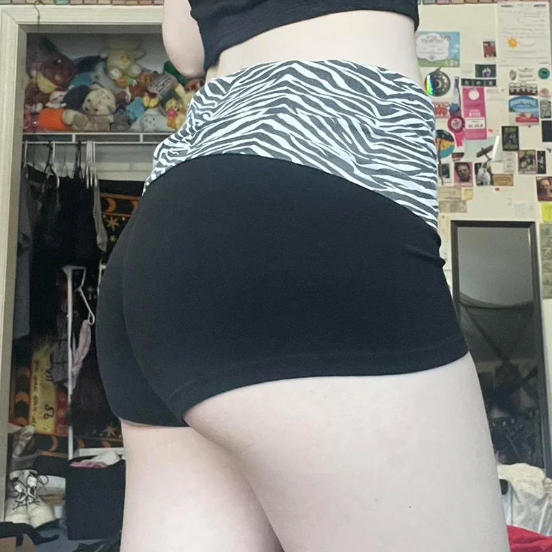 Fashionable Color Blocked Zebra Print Waist Cinched Sports Shorts, Spicy Girl Elastic Slim Fit Basic Casual Hot Pants
