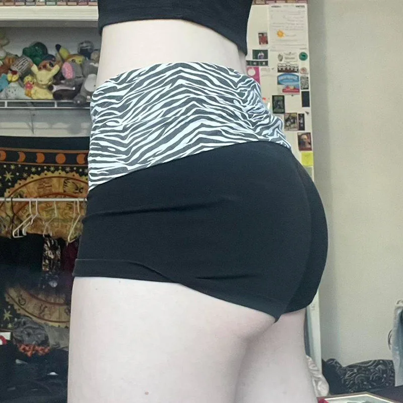 Fashionable Color Blocked Zebra Print Waist Cinched Sports Shorts, Spicy Girl Elastic Slim Fit Basic Casual Hot Pants