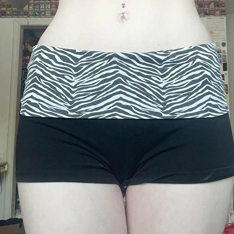 Fashionable Color Blocked Zebra Print Waist Cinched Sports Shorts, Spicy Girl Elastic Slim Fit Basic Casual Hot Pants