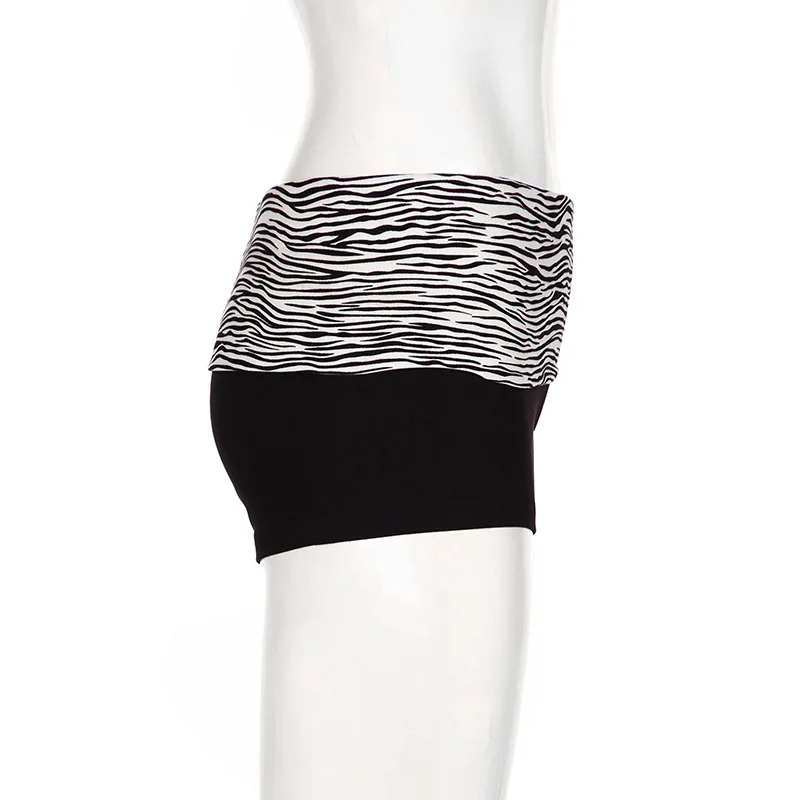 Fashionable Color Blocked Zebra Print Waist Cinched Sports Shorts, Spicy Girl Elastic Slim Fit Basic Casual Hot Pants