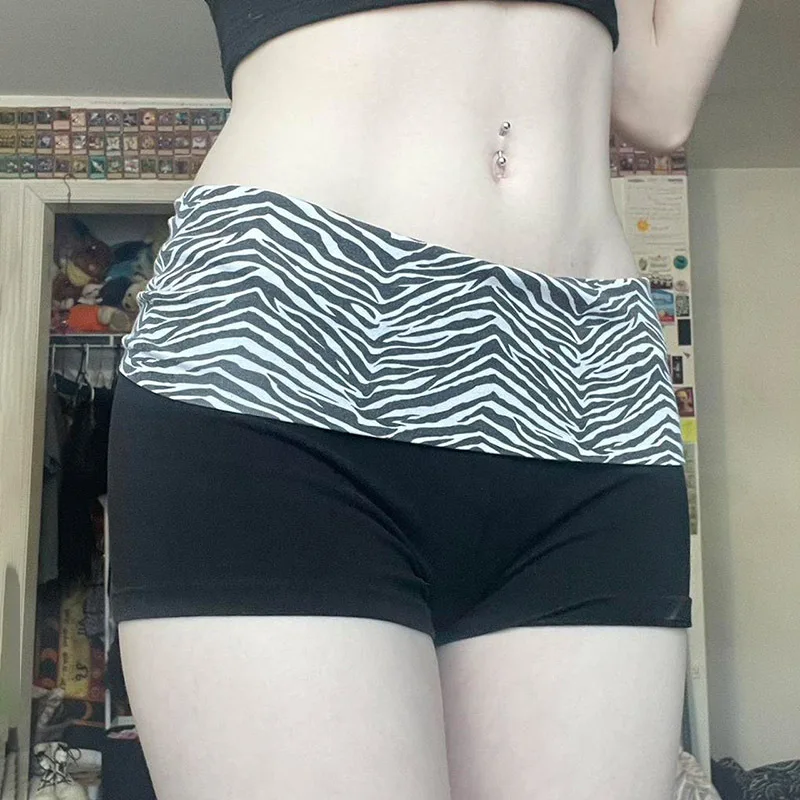 Fashionable Color Blocked Zebra Print Waist Cinched Sports Shorts, Spicy Girl Elastic Slim Fit Basic Casual Hot Pants