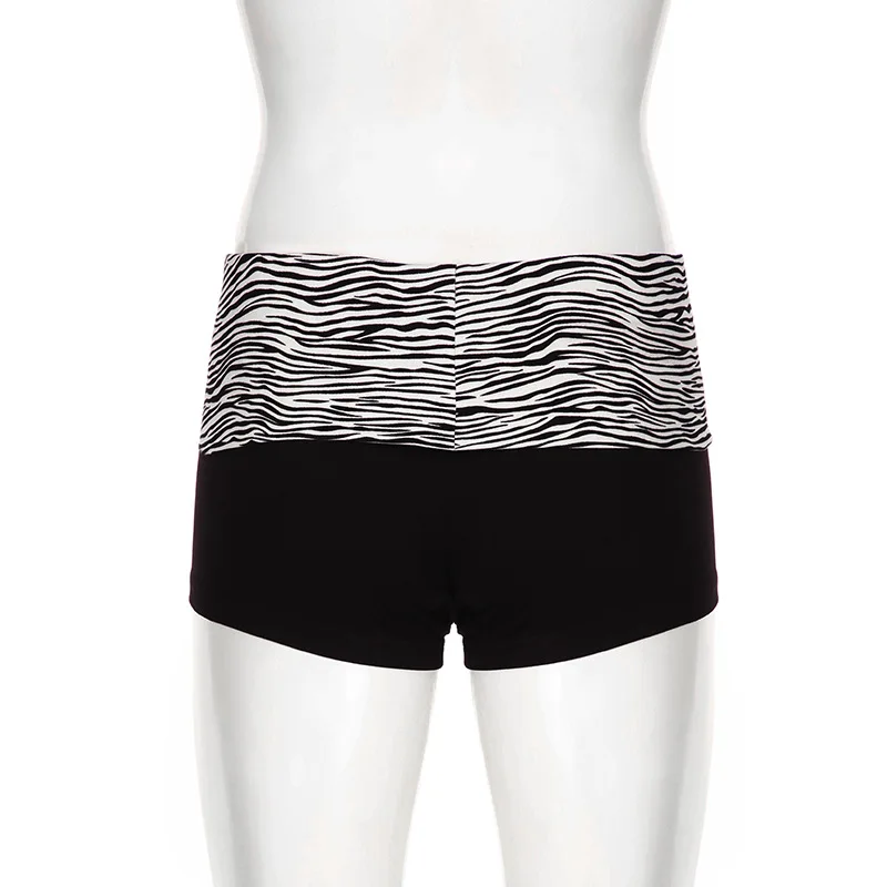 Fashionable Color Blocked Zebra Print Waist Cinched Sports Shorts, Spicy Girl Elastic Slim Fit Basic Casual Hot Pants