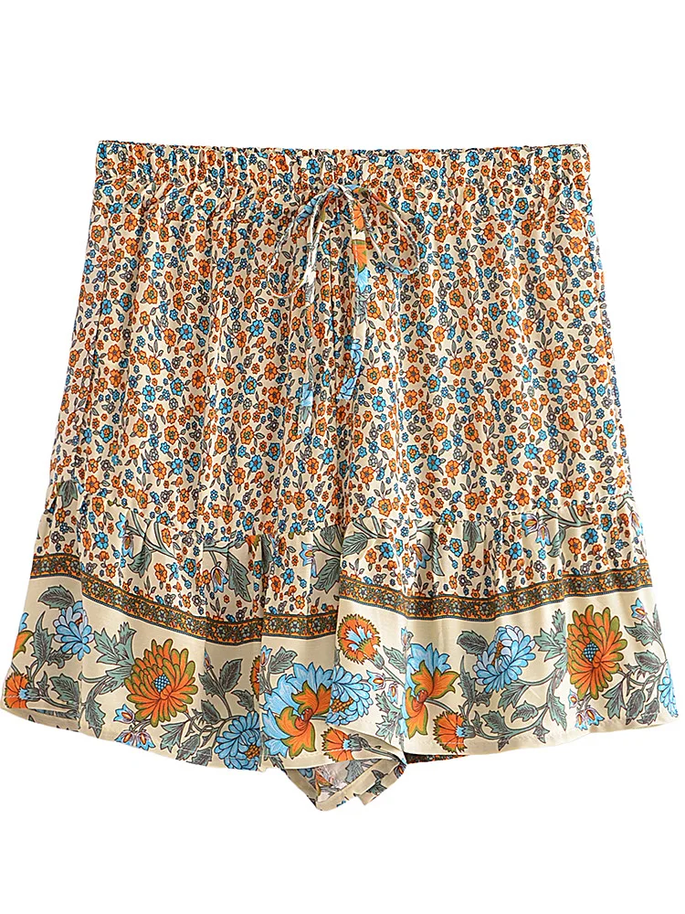 Vintage Chic Women Wild Floral Print Happie Summer Bohemian Short Ladies Beach Large Size High Waist Rayon Boho Shorts
