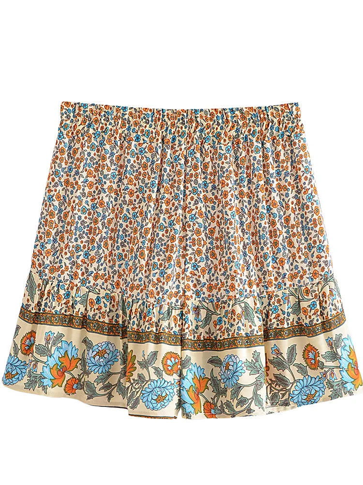 Vintage Chic Women Wild Floral Print Happie Summer Bohemian Short Ladies Beach Large Size High Waist Rayon Boho Shorts