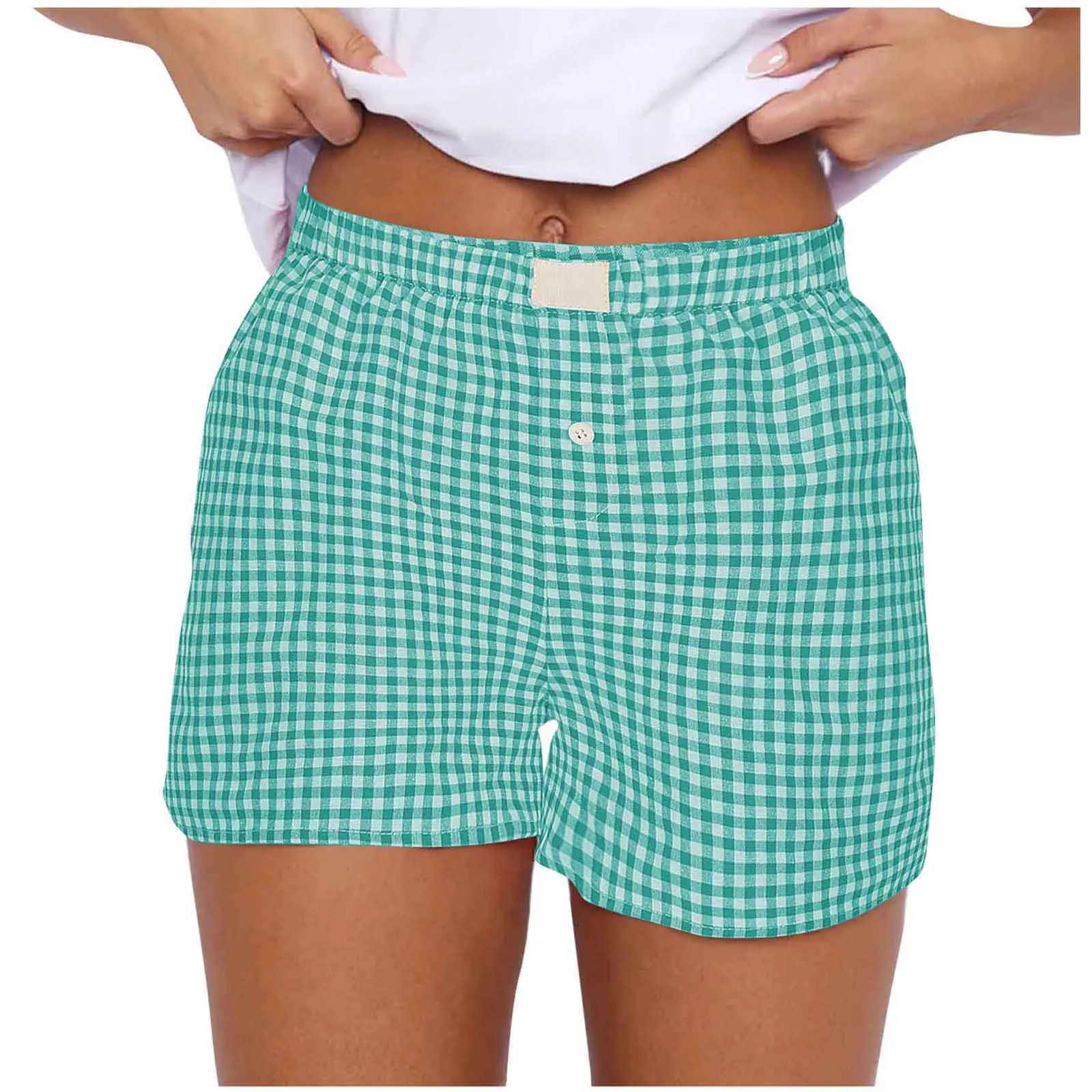 Women's Elastic Waistband Shorts, Teen-Girls Outfit, Red, Blue Plaid, Casual Lounge, Summer