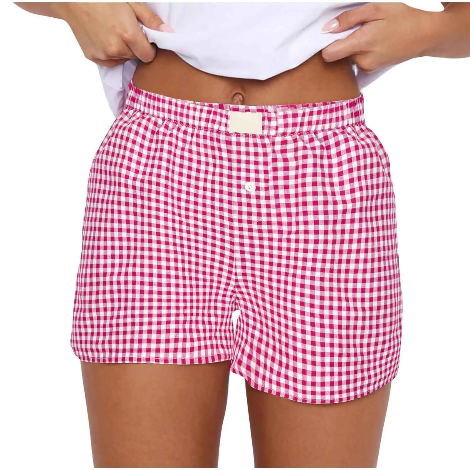 Women's Elastic Waistband Shorts, Teen-Girls Outfit, Red, Blue Plaid, Casual Lounge, Summer
