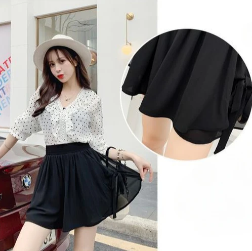 Summer Korean Style Wide Female Short Pants Aesthetic Elegant New In Design XL Baggy Casual Women's Elastic Waist Chiffon Shorts