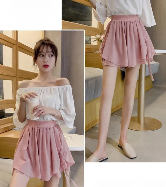 Summer Korean Style Wide Female Short Pants Aesthetic Elegant New In Design XL Baggy Casual Women's Elastic Waist Chiffon Shorts