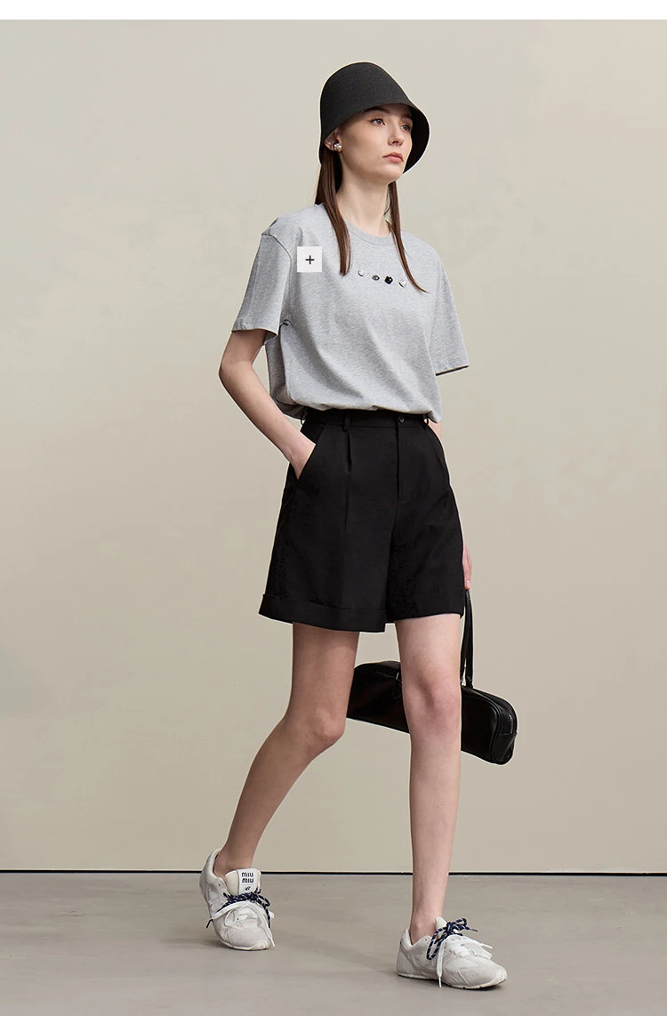 Amii Women's Shorts 2026 Summer New Rolled Casual Cotton Pants Cuffed Hem Solid Color Versatile Basic Woman Clothes 12622140
