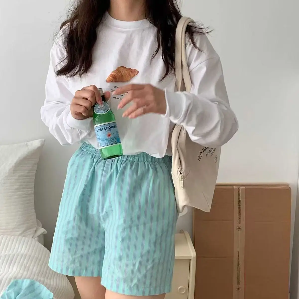 HOUZHOU Blue Striped Letter Embroidery Shorts Women Wide Leg Korean Fashion Short Pants Drawstring Baggy Casual Jorts Summer