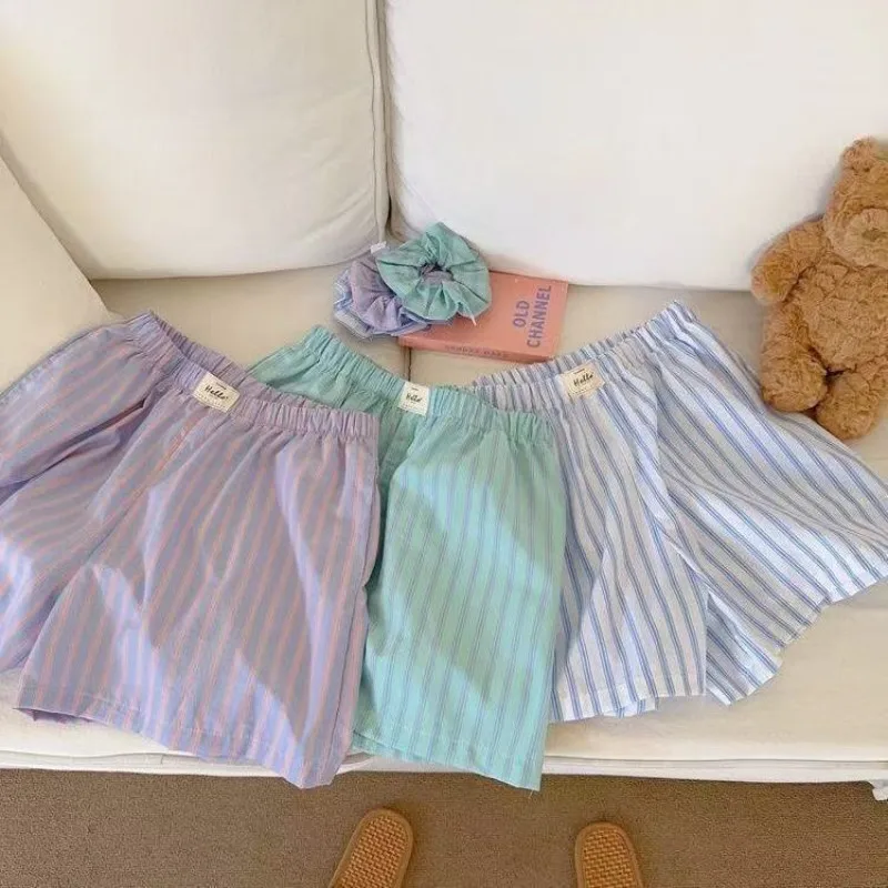 HOUZHOU Blue Striped Letter Embroidery Shorts Women Wide Leg Korean Fashion Short Pants Drawstring Baggy Casual Jorts Summer