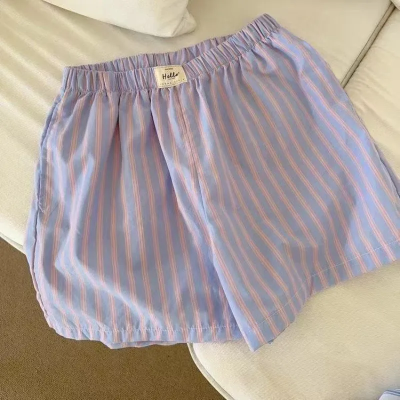 HOUZHOU Blue Striped Letter Embroidery Shorts Women Wide Leg Korean Fashion Short Pants Drawstring Baggy Casual Jorts Summer
