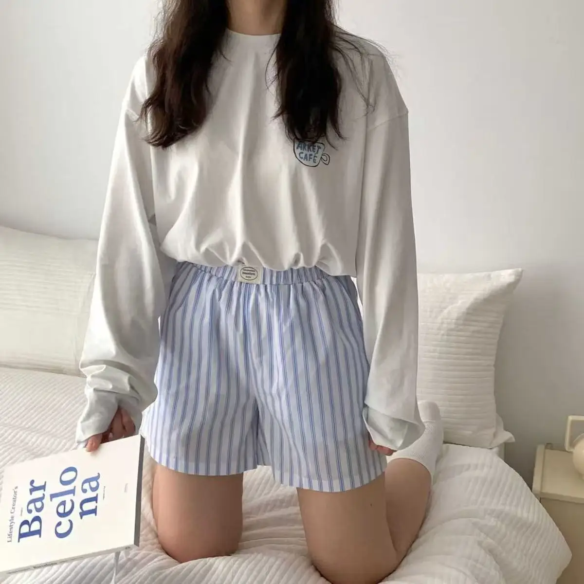 HOUZHOU Blue Striped Letter Embroidery Shorts Women Wide Leg Korean Fashion Short Pants Drawstring Baggy Casual Jorts Summer