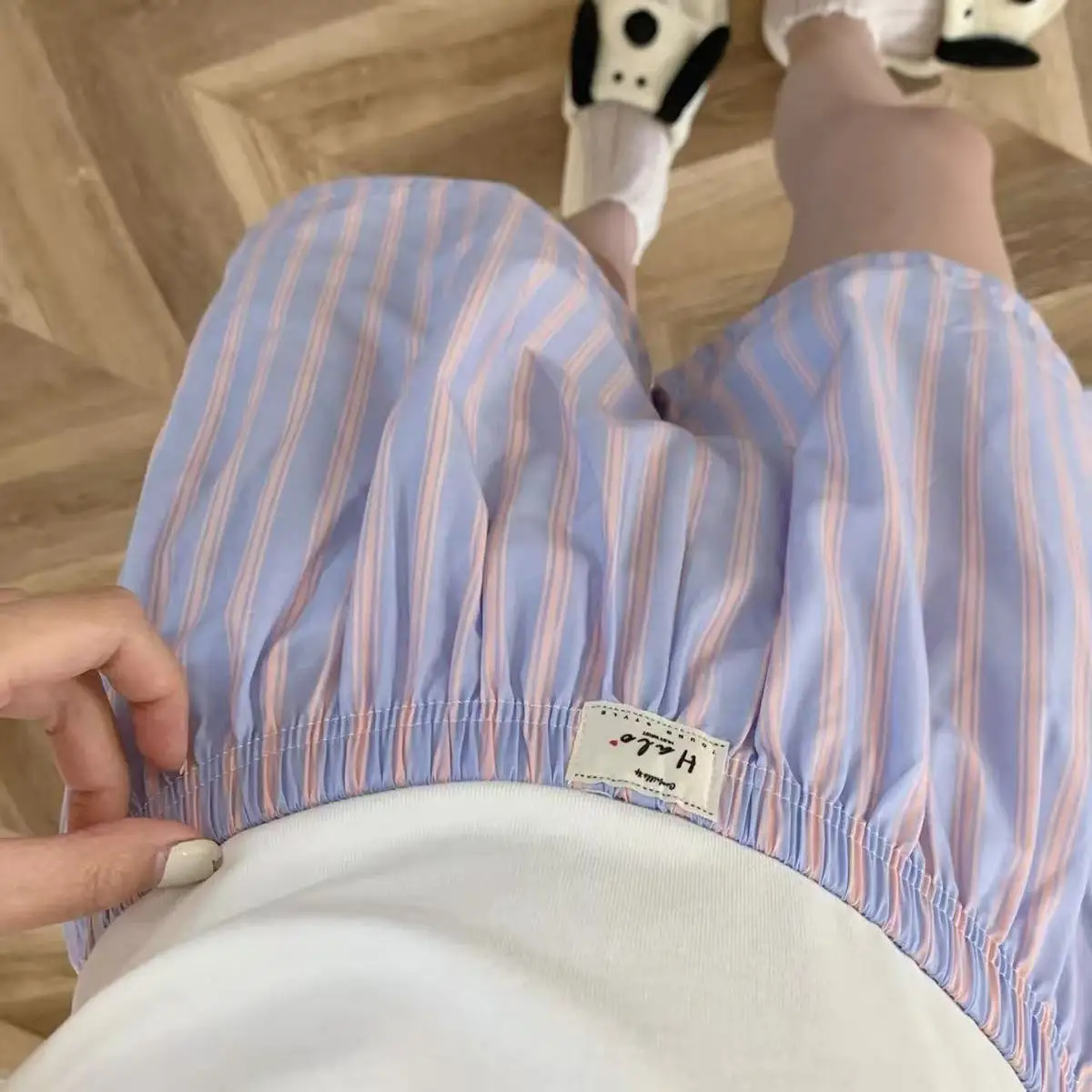 HOUZHOU Blue Striped Letter Embroidery Shorts Women Wide Leg Korean Fashion Short Pants Drawstring Baggy Casual Jorts Summer