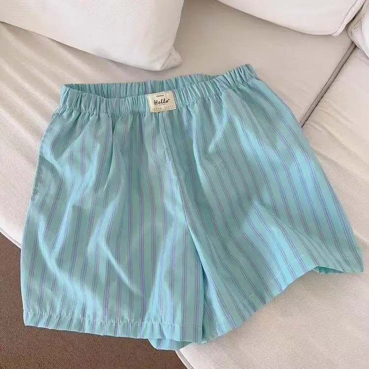 HOUZHOU Blue Striped Letter Embroidery Shorts Women Wide Leg Korean Fashion Short Pants Drawstring Baggy Casual Jorts Summer