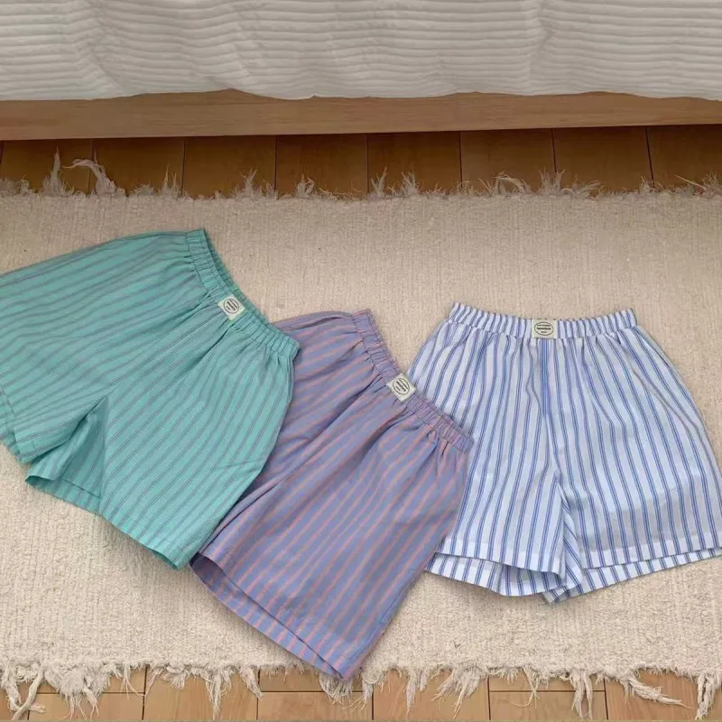 HOUZHOU Blue Striped Letter Embroidery Shorts Women Wide Leg Korean Fashion Short Pants Drawstring Baggy Casual Jorts Summer