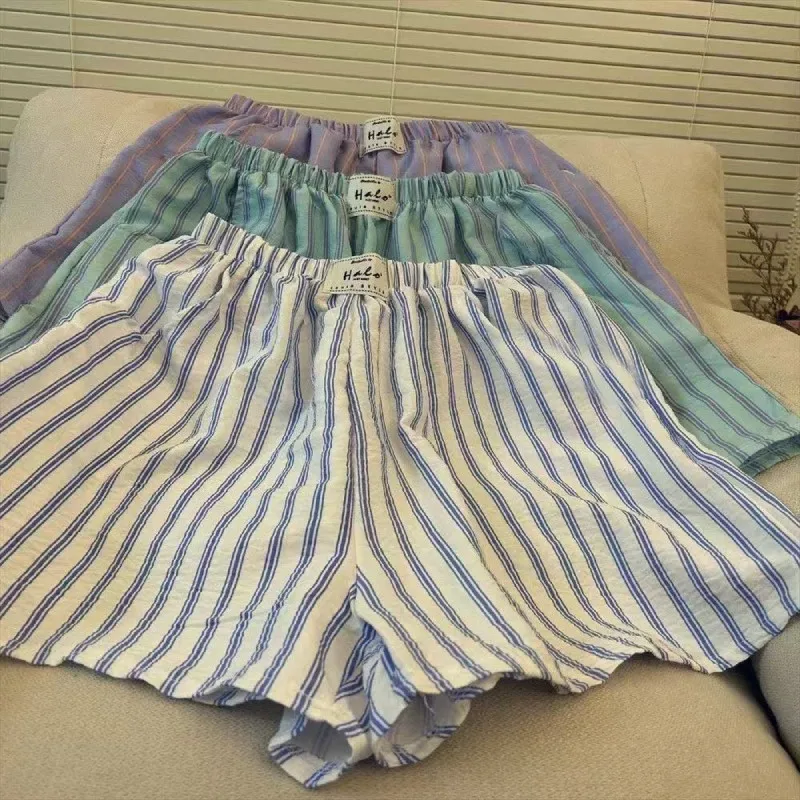 HOUZHOU Blue Striped Letter Embroidery Shorts Women Wide Leg Korean Fashion Short Pants Drawstring Baggy Casual Jorts Summer