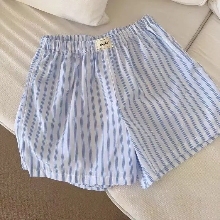 HOUZHOU Blue Striped Letter Embroidery Shorts Women Wide Leg Korean Fashion Short Pants Drawstring Baggy Casual Jorts Summer
