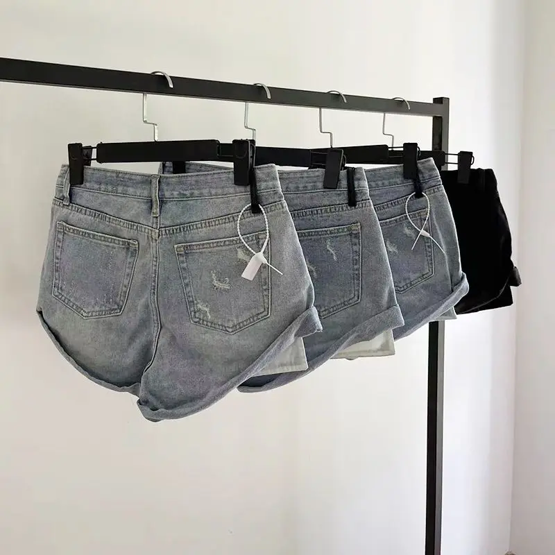 Retro Ripped Low-rise Denim Shorts Women 2026 Summer Hip-wrapped Jean Hot Pants Booty Shorts