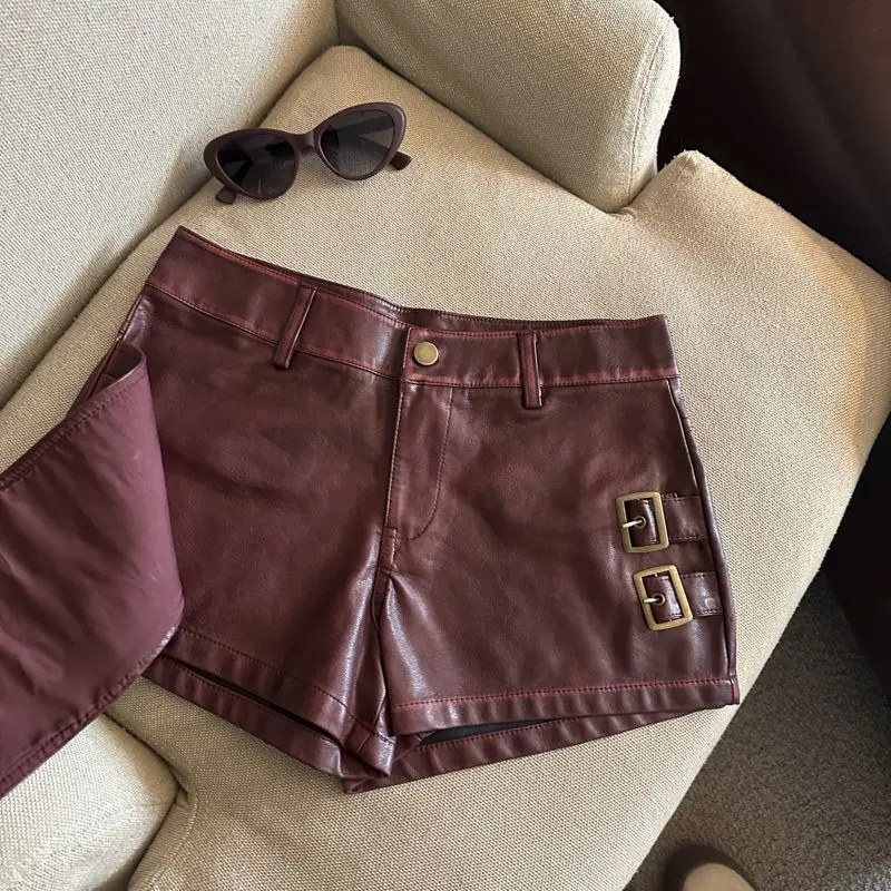 2026 New Retro Design Spice Girl Style Sexy A Word Super Shorts Pu Leather Shorts Skirts Women